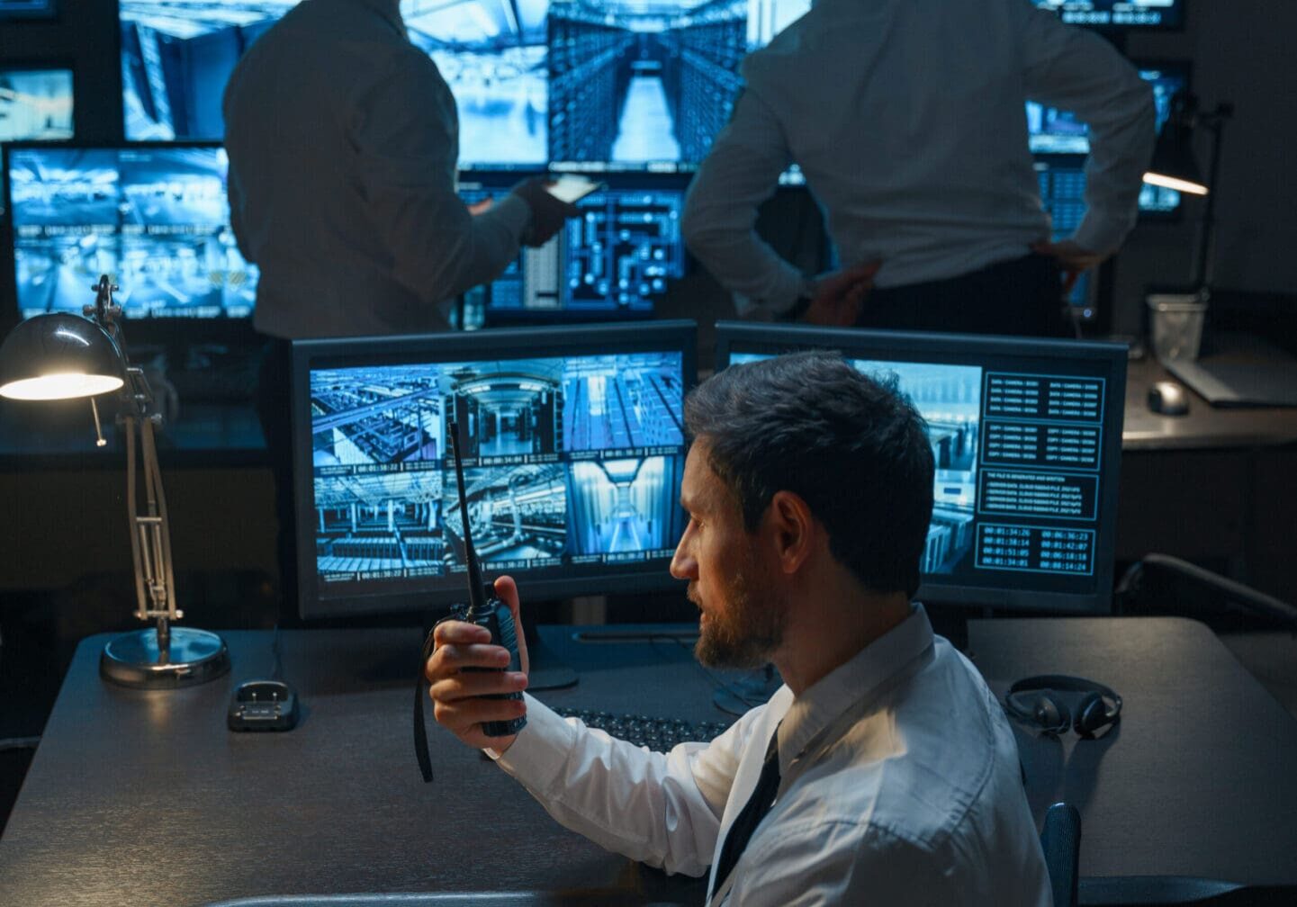 A man with a beard, a security guard or a police officer, possibly from the rescue service, is talking on a walkie-talkie against the background of digital monitors that display information from surveillance cameras. In the background, two of his colleagues stare intently at the security monitors.